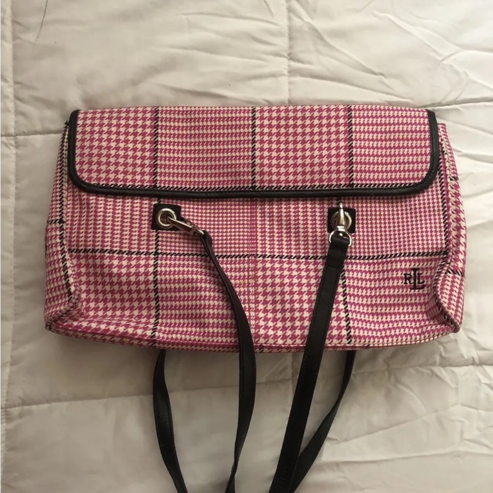 Ralph Lauren Pink and Black Plaid Handbag with Inner Pockets and Zipper Closure